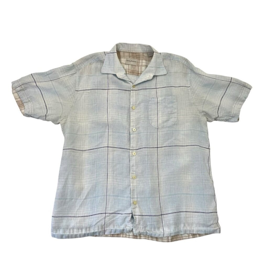 Tommy Bahama 100% Linen Plaid Short Sleeve Button Front Shirt size Large